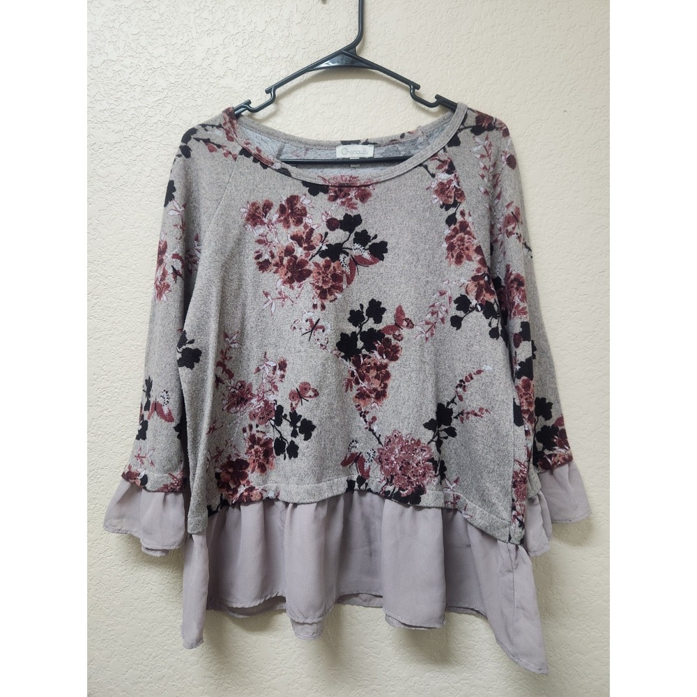 Chenault Floral Ruffle Top PXL Burgundy Gray Casual Chic Comfy 3/4 Sleeve Blouse